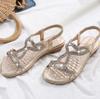 Women Sandals Flat Fashion Rhinestone Summer Sandals Shoes Solid Color Casual Summer Shoes Open-toed Wedge Shoes Woman