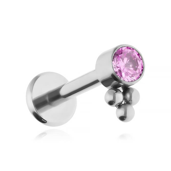 Titanium Labret Earring with Pink Cubic Zirconia - Silver 1.2/8