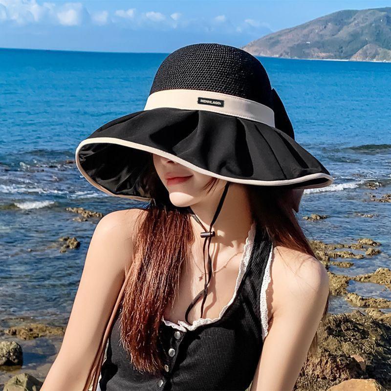 Sunscreen hat women's summer versatile fashion eaves sunshade bucket hat bow foldable outdoor travel sun hat