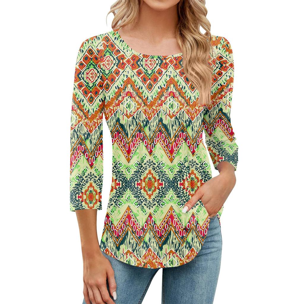 Женская модная повседневная плиссированная футболка с круглым вырезом и принтом для отдыха с рукавом семь четвертей