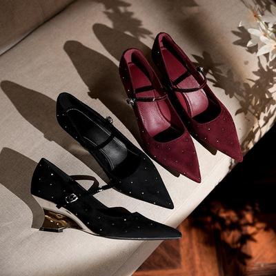 Корейская версия однословных пряжек в горошек с бриллиантами, темпераментные туфли на высоком каблуке женские бордовые туфли для пожилых людей с острыми носками Мэри Джейн на наклонном каблуке, одиночные туфли женские