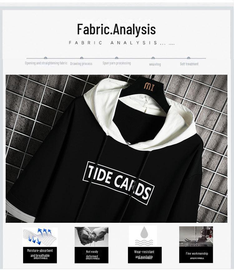 Модная мужская толстовка контрастного цвета с капюшоном и рукавами три четверти — большой размер.