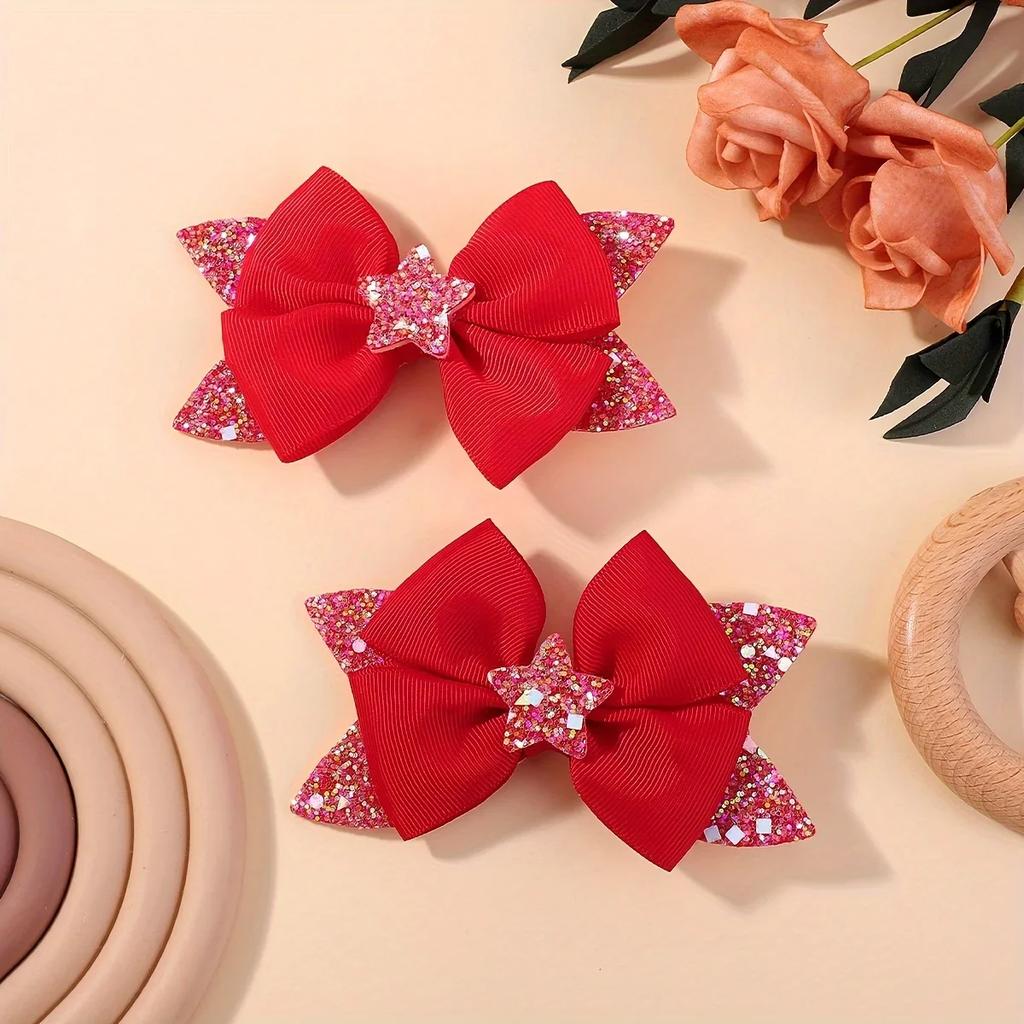 LOVEKIKI 2Pcs 4.33inch Star Glitter Bow Hair Clips for Girls Boutique Ribbon Dovetail Barrette Headwear Child Hair Accessories