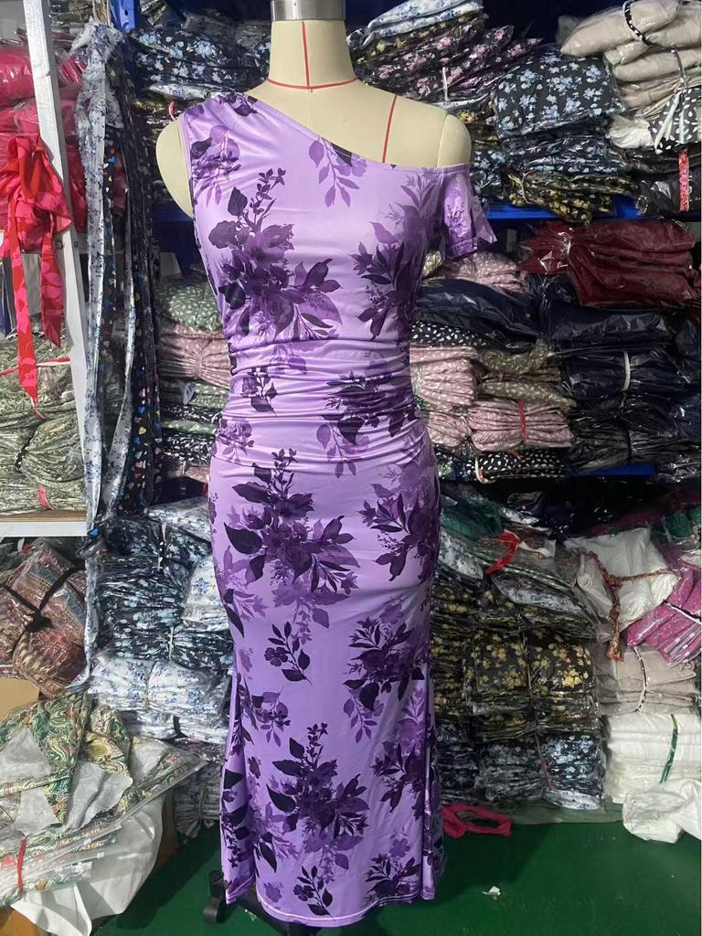 2025 New One-Shoulder High-Waisted Print Slimming Long Dress