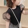 Mesh Patchwork Girls Polka Dot Puff Short Sleeve Tees Summer Kids Party School Tops