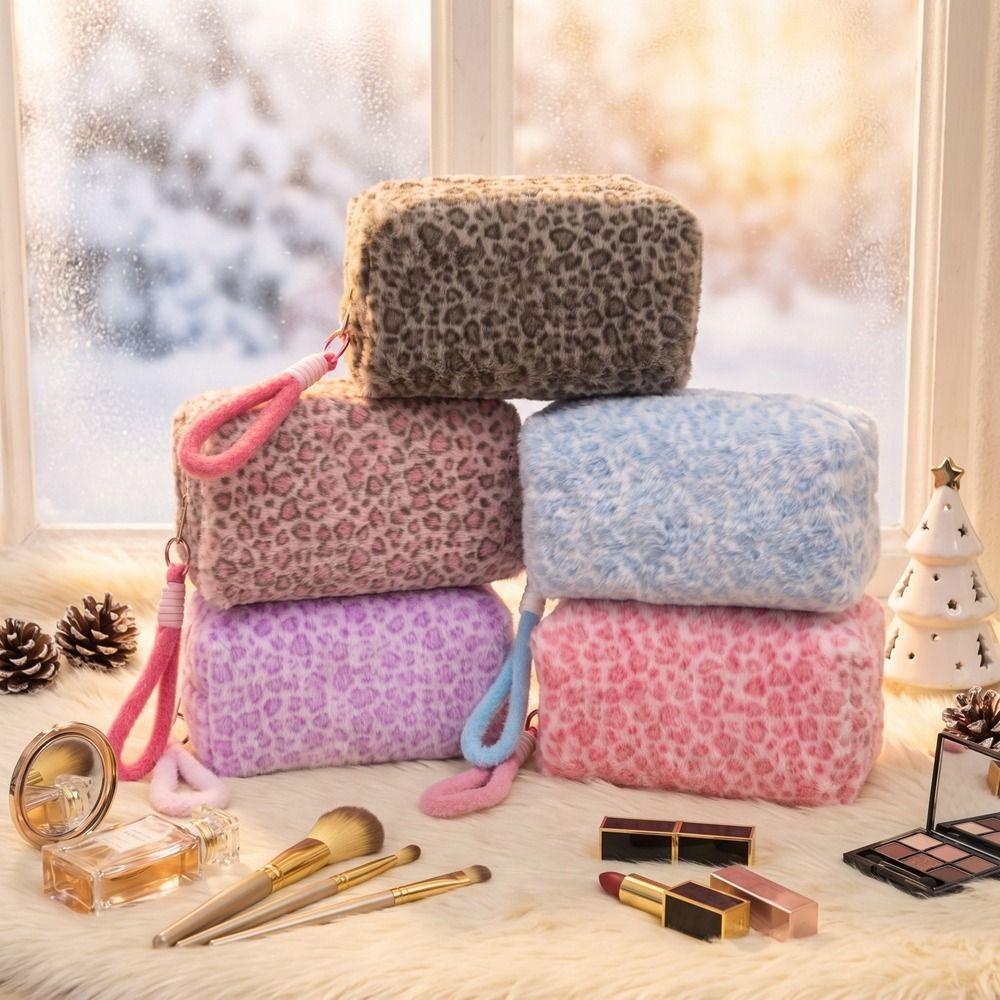 Large Capacity Plush Cosmetic Bag Leopard Print Pattern Travel Cosmetic Case Cosmetics Storage