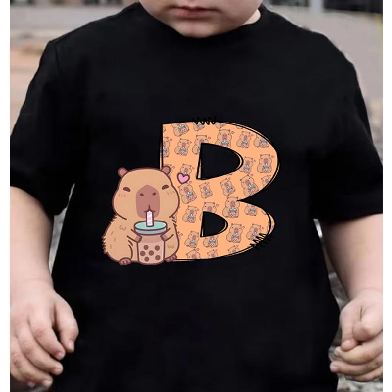 26 Capybara Alphabet Print Kids Tshirt Casual Funny Birthday Gift T Shirt Clothes Short Sleeve Y2K Tops Girls Boys Cotton Tee