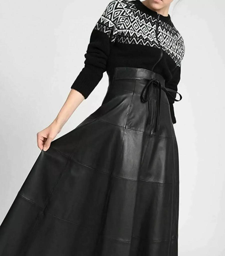 Стильная черная кожаная юбка женская длинная из натуральной овчины ручной работы элегантная одежда