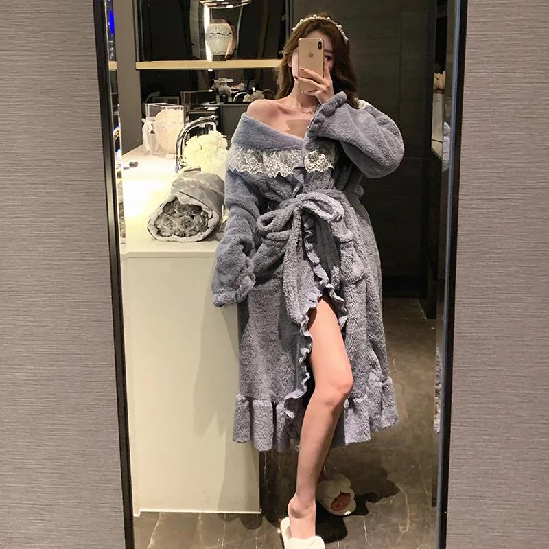 Женский зимний халат с флисовой подкладкой, удлиненная пижама из кораллового флиса