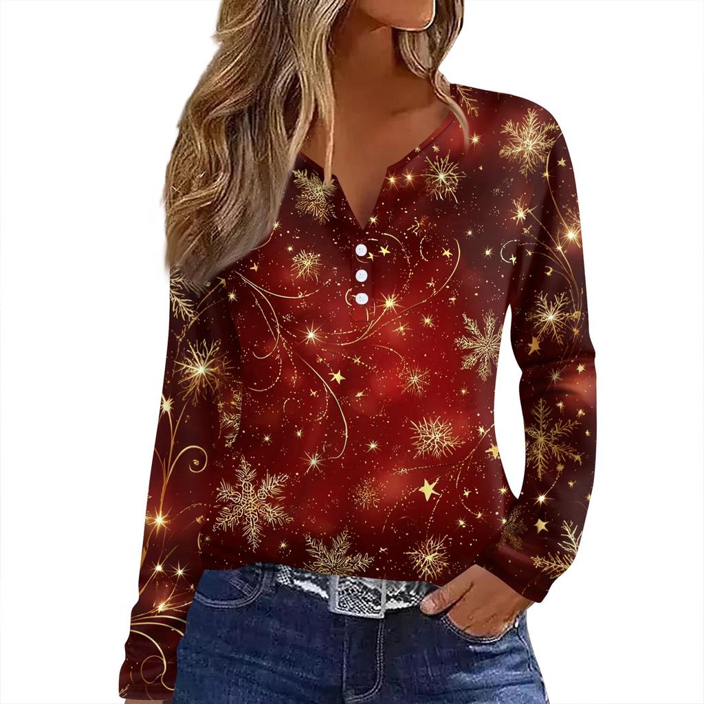 Женская футболка с рождественским принтом на пуговицах с длинным рукавом, повседневная, выходного дня, модная, базовая, с V-образным вырезом, обычная