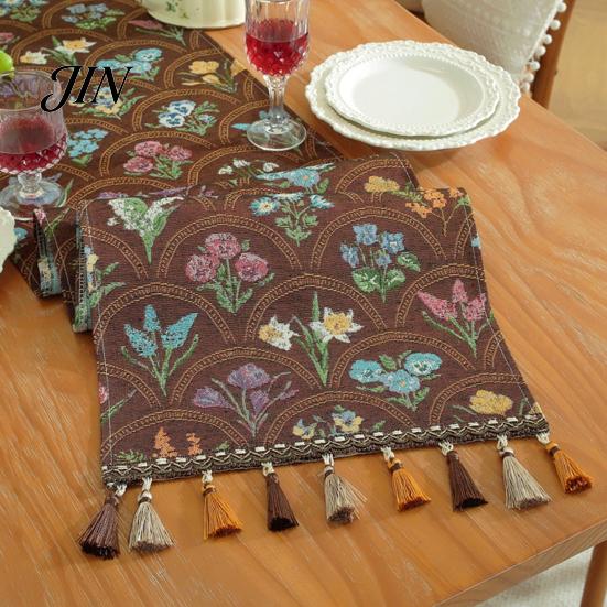 Classic Style Table Runner Jacquard Floral Runner, Vintage with Tassel Edges, Heat Resistant Farmhouse for Wedding Baby Shower Dining Decor