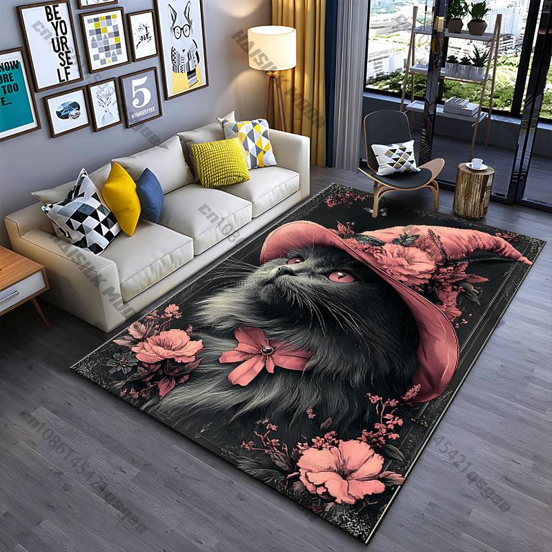 Whimsical cat adorned with flowers carpet Yoga living room room decor children's crawling mat doormat area rug games mat