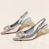 Fashion Pointed Toe Shallow Mouth Stiletto High Heel Shoes Women's Xia New One-word Baotou Sandals with Rhinestone Buckle