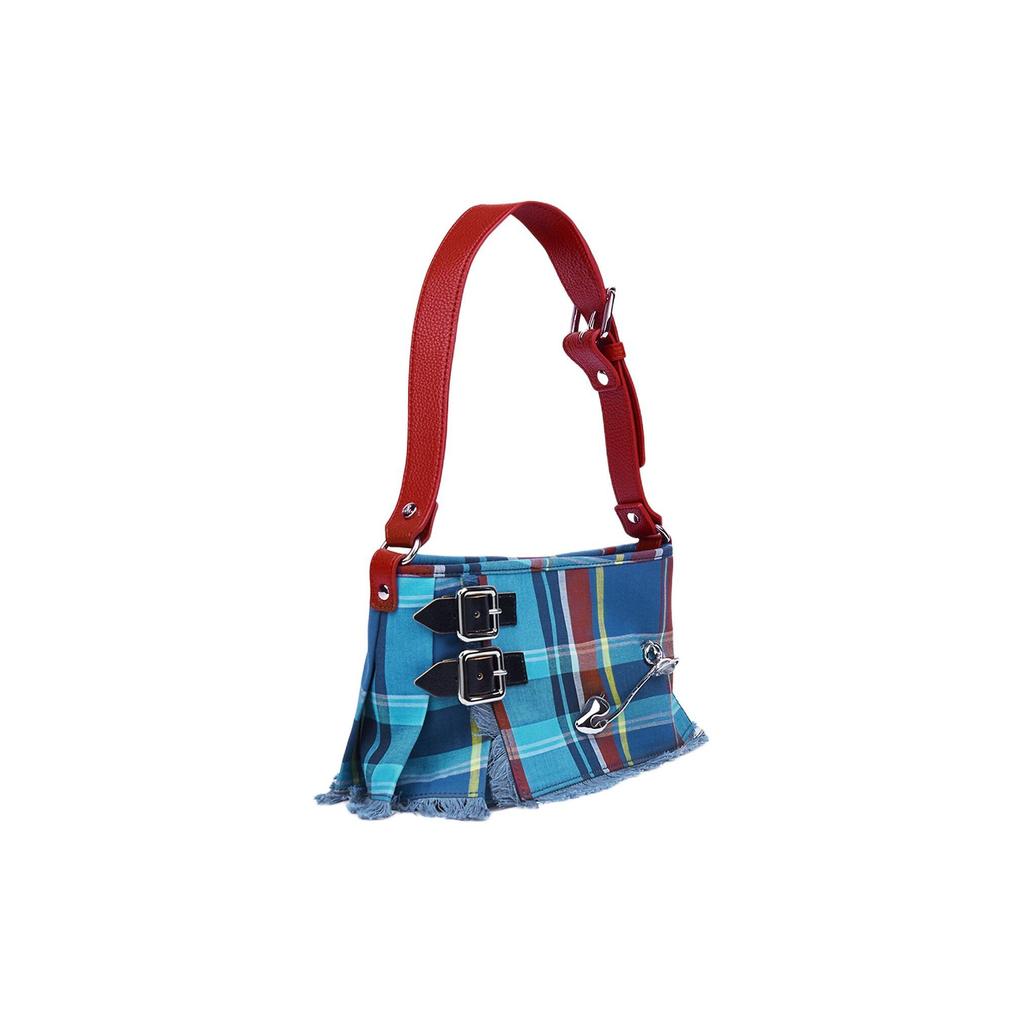 Vivienne Westwood Anglomania Adjustable Strap Plaid Design Initial Cut Wool Tote Shoulder Bag Women bags Blue 41010067U-W00TW-MULTI-BLUE