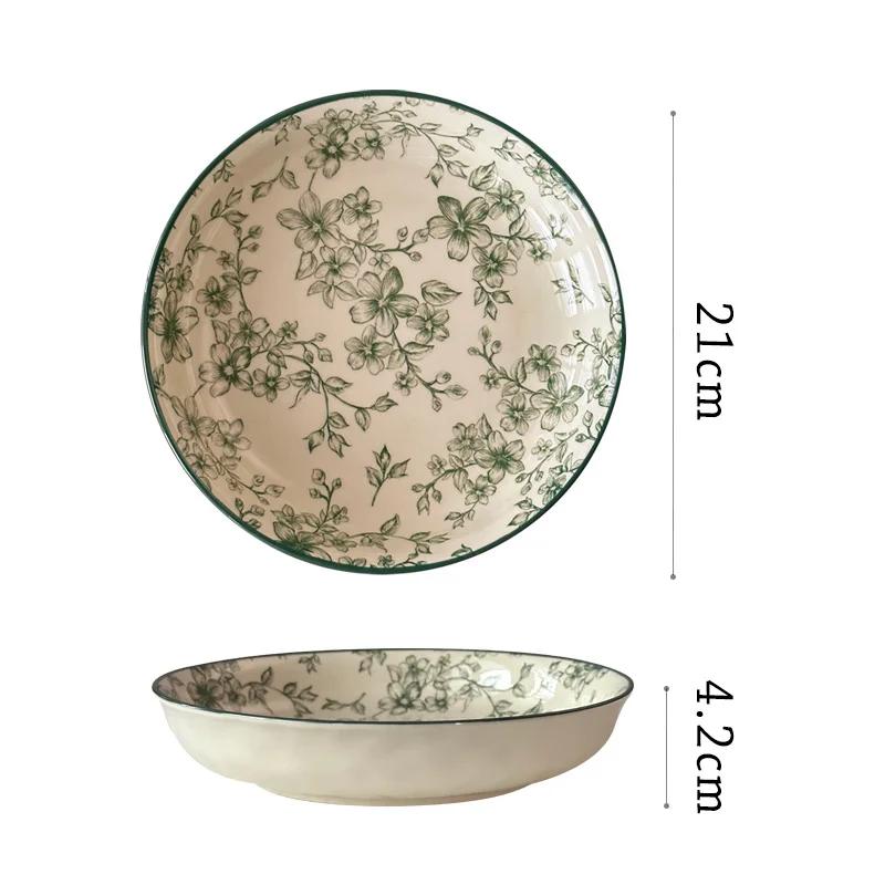 Винтажная керамическая тарелка с зеленым цветком, элитные ресторанные обеденные тарелки, суповые миски, изысканные блюда, глубокая тарелка, бытовая посуда