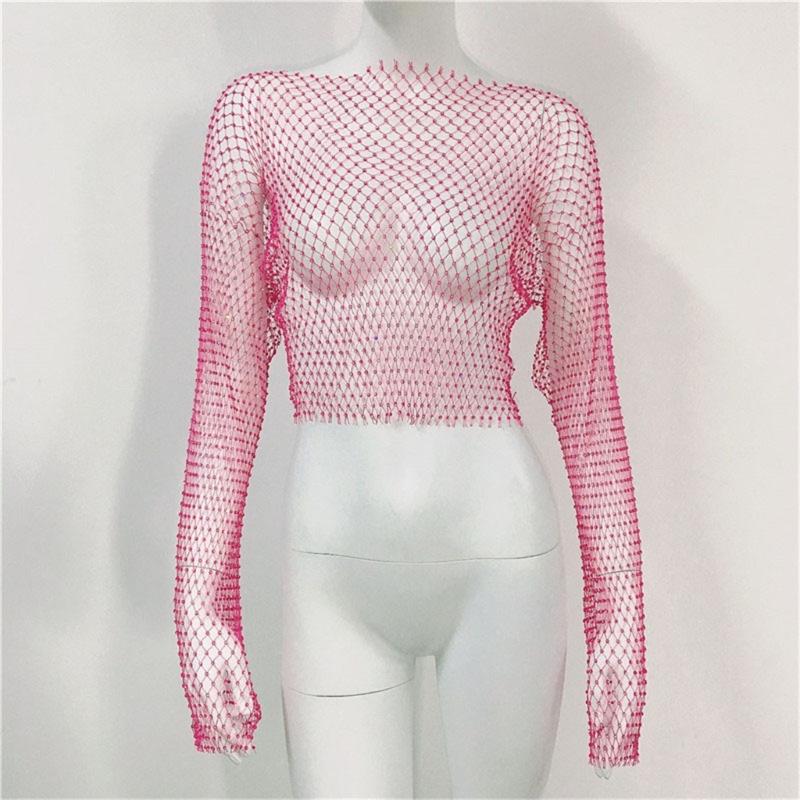 Women Rhinestones Mesh Flared Long Sleeve Crop Top Hollow Out See Through Fishnet Jewelry Cover Up Rave Party Clubwear