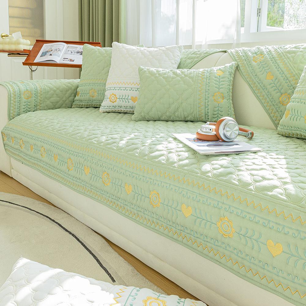 Pure Cotton Embroidered Quilted Sofa Cushion, Universal for All Seasons, Simple Fabric Seat Cushion, Practical Sofa Towel