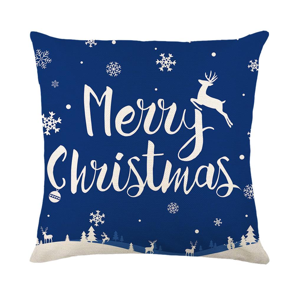 Blue Christmas Ornament Cushion Cover Printed Bear Snowflake Elk Santa Claus Tree Merry Christmas Lettering Linen Pillowcase