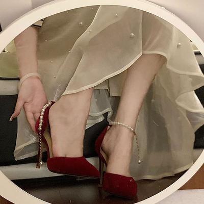 Французские остроносые замшевые туфли с жемчугом на высоком каблуке женские туфли-шпильки для взрослых подарочные сандалии на голову свадебное шоу бордовые свадебные туфли