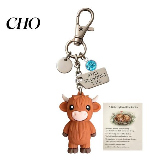 Metal Keychain A Little Highland Cow for You Keychain, 3D Resin Keyring with Birthstone Comforting Gift & Sentiment Card, Your Daily Reminder of Quiet