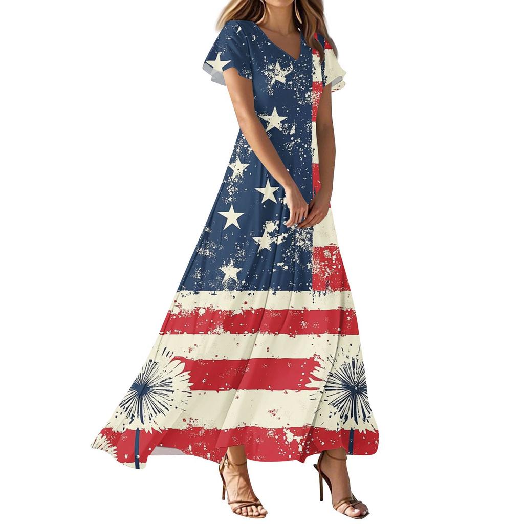 Женские повседневные модные платья с принтом ко Дню независимости, платья с коротким рукавом и V-образным вырезом