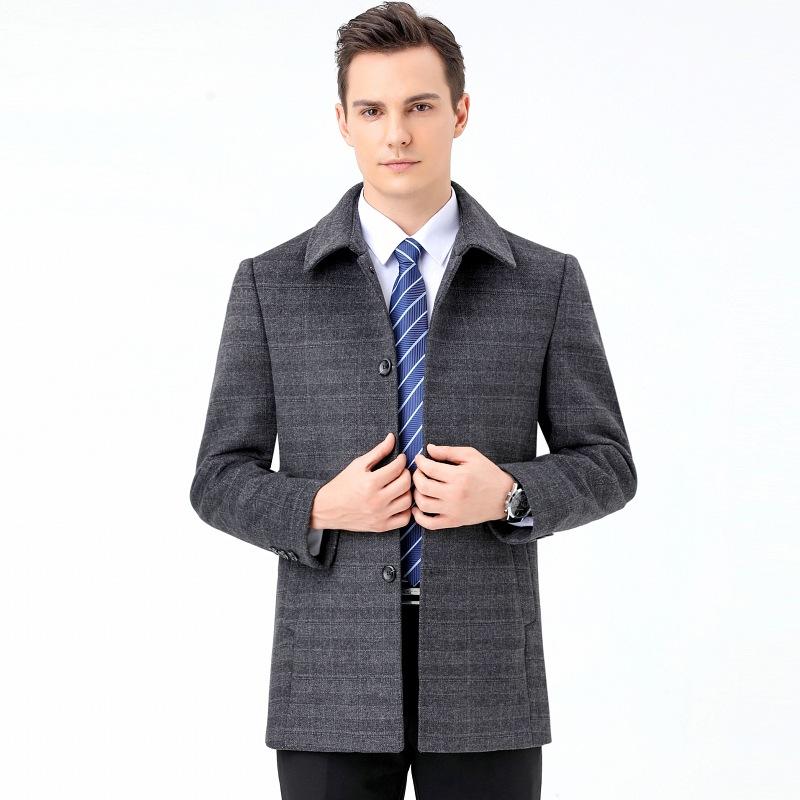 Men's Mid-length Windbreaker Single-breasted Woolen Woolen Coat Lapel Plaid Winter Middle-aged Casual Coat