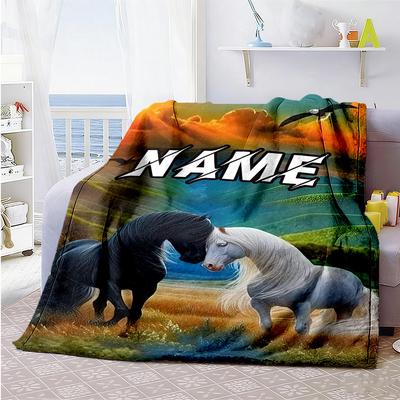 Black White Horse Customize Your Name Blanket Cozy Customizable Blanket Soft Warm Cozy Suitable for Nap Bedding Office Bed All-Season Use