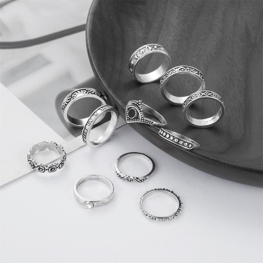 Ретро-кольцо с черным драгоценным камнем, комплект из 11 колец с цветком и звездой, простое кольцо в форме сердца, популярные женские украшения