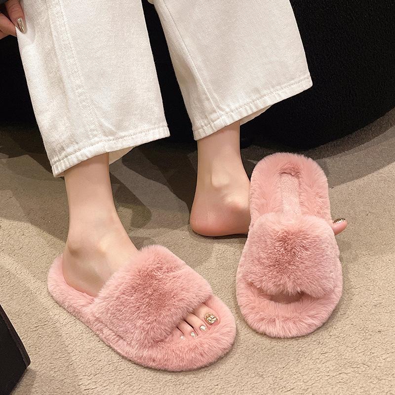 Large Size Fluffy Slippers Spring and Autumn High-end Winter Wear Versatile Lazy Flat Bottom Plush One-word Home Cotton Slippers