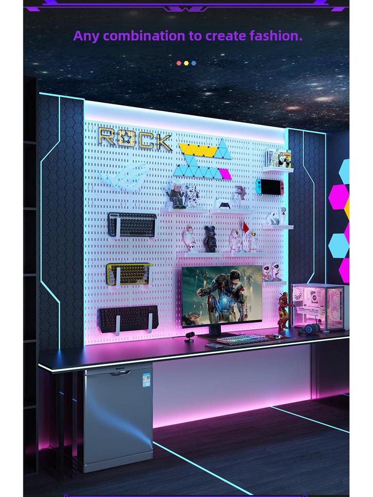 Perforated Wall Shelf for Gaming Room - Hook & Decor Storage Solution (Punch-Free Installation)