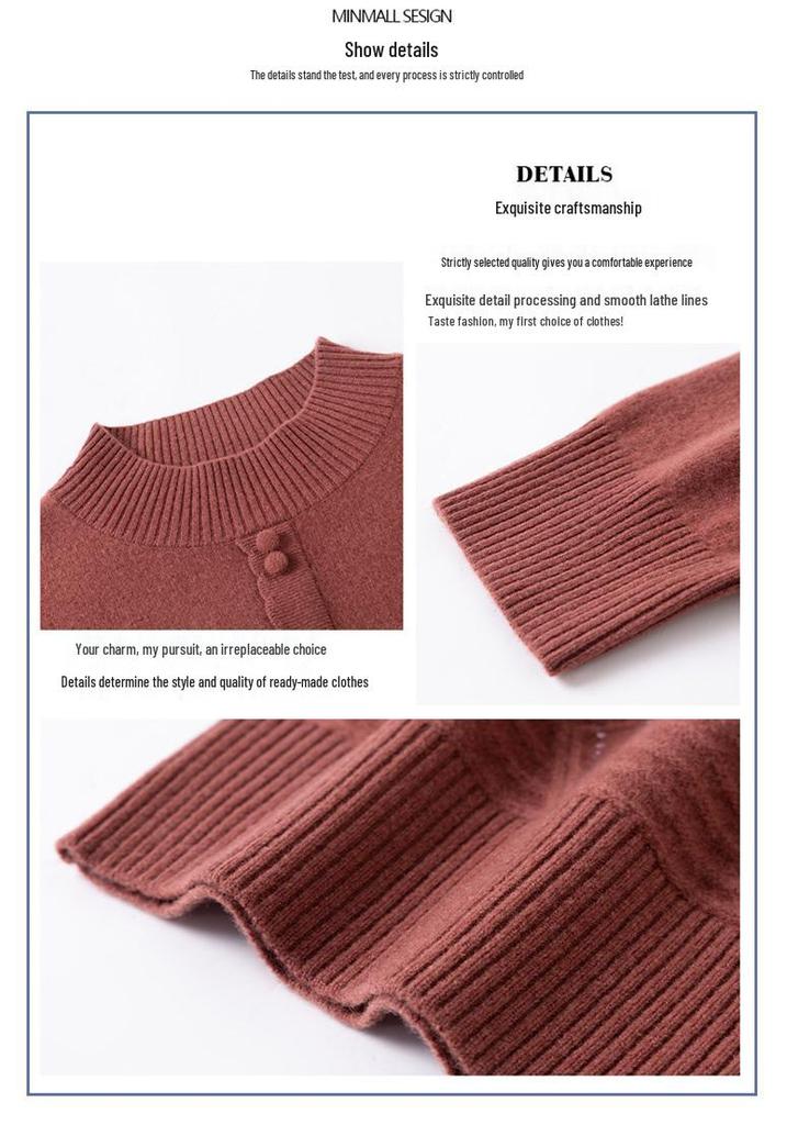 Petite Women's Autumn Winter Pure Wool Knit Sweater - Half-High Neck Base Layer for Middle-aged Moms