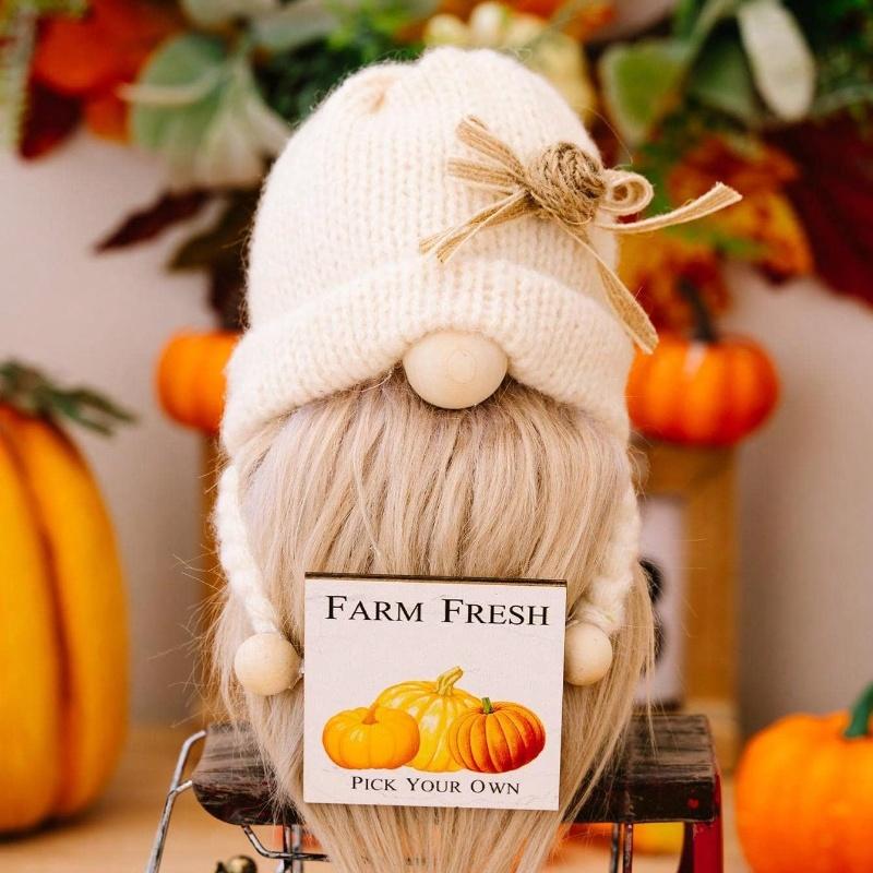 Autumn Bow Knitted Hat, Wooden Plaque, Faceless Doll, Festival Decoration Doll, 1 Piece