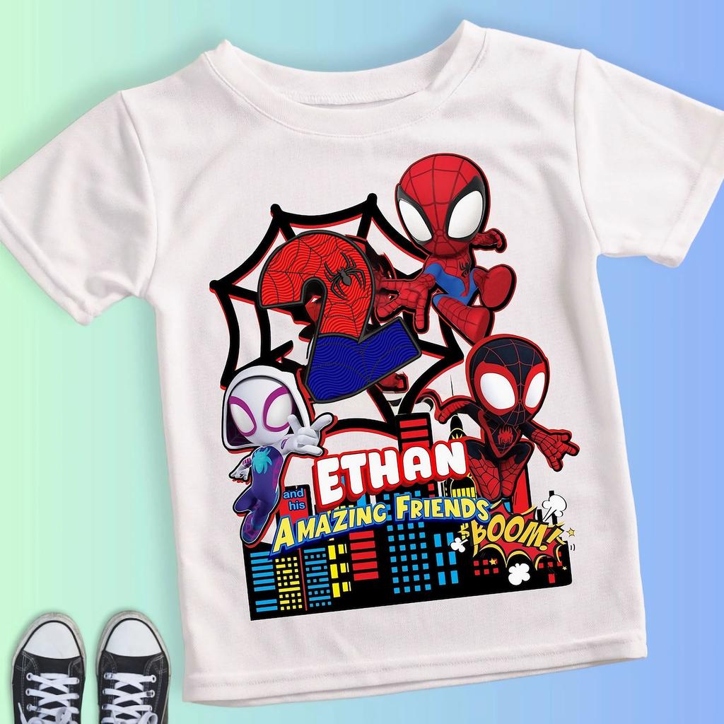 Summer Boys Spider Man Birthday Tshirt for 1 9 Year Olds with Spider Man and His Friends