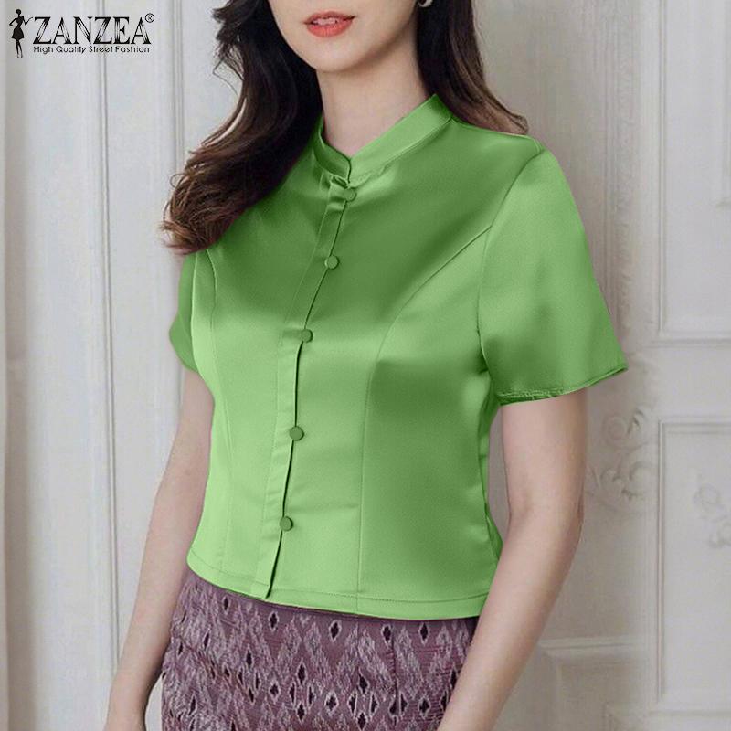 ZANZEA Women Summer Stand Collar Casual Short Sleeve Satin Blouse