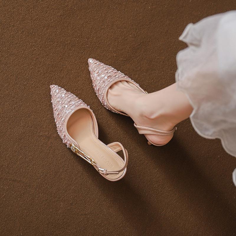 2024 Французские розовые босоножки со стразами и пайетками на шпильке