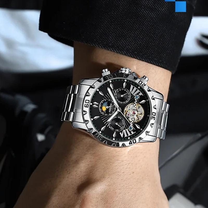 Men Business Casual Mechanical Watch Calendar Week Moon Phase Multifunctional Waterproof Luminous Stainless Steel Wristwatch