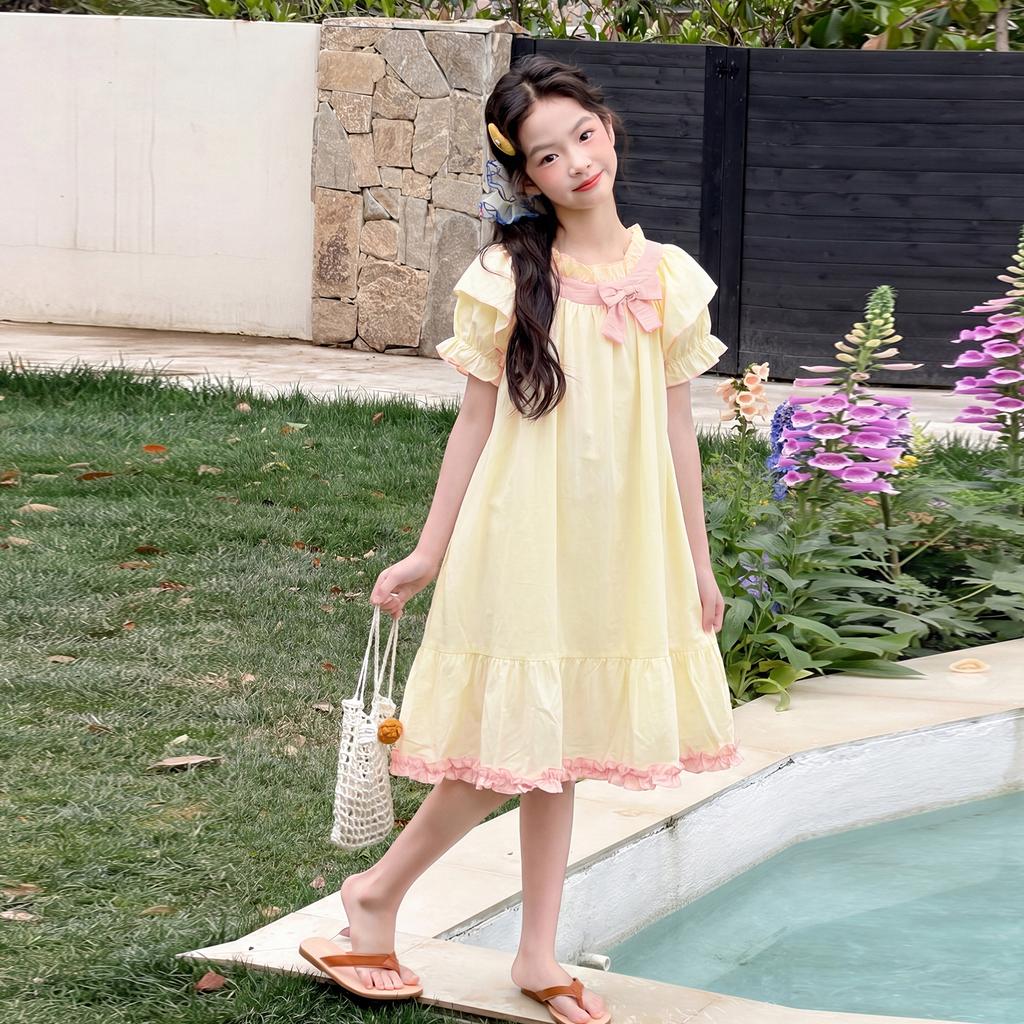 Girls' Summer Dress Korean Style with Bubble Sleeves and Ruffled Princess Skirt