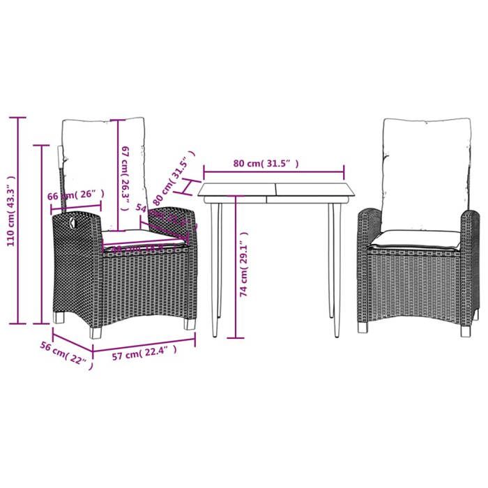 VidaXL Ensemble à Manger de Jardin avec Coussins 3 pcs, Table et Chaises avec Dossier Réglable, Meubles d'Extérieur, 3212802