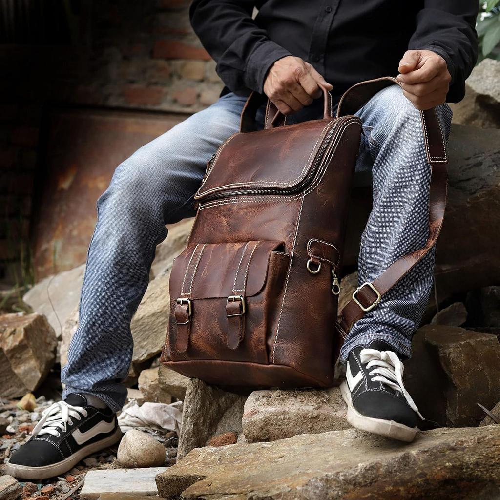 Leather Backpack for Men - 17 Inch Laptop Bag - Vintage Travel Rucksack - Casual Daypack for Womens (BROWN)