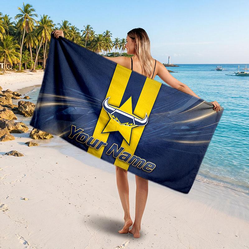 North Queensland Cowboys Customized Name Text Beach Towel, Soft Absorbent Towel Beach Pool Travel Personal Gift