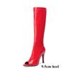 Пикантные сапоги до колена на шпильке, женские лакированные кожаные красные сапоги на высоком каблуке с открытым носком на молнии, женская обувь, размер 45