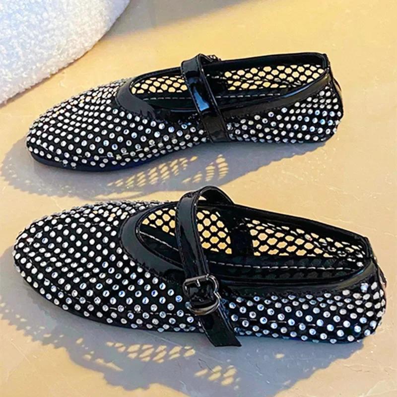 Fashion Summer Mesh Hollow Design Flat Shoes Women Luxury Rhinestone Decorated Mary Jane Shoes for Women Light Breathable Beach Sandals