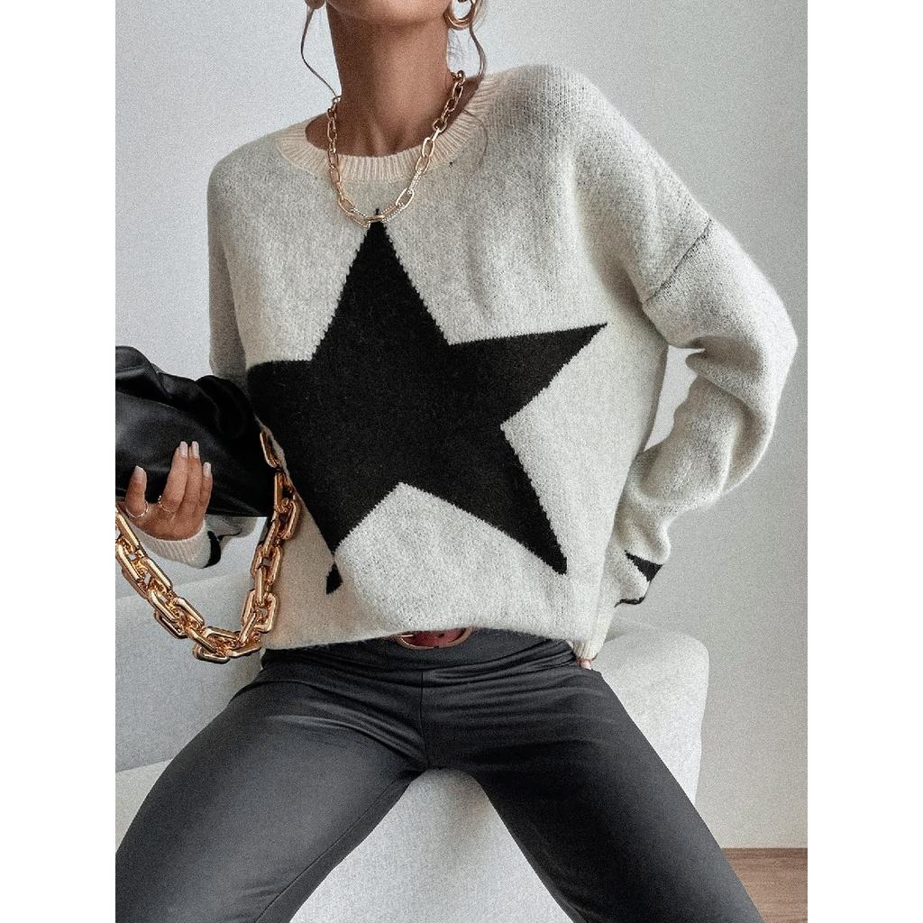 Women's Star Print Long Sleeve Crewneck Sweater Drop Shoulder Pullover Tops