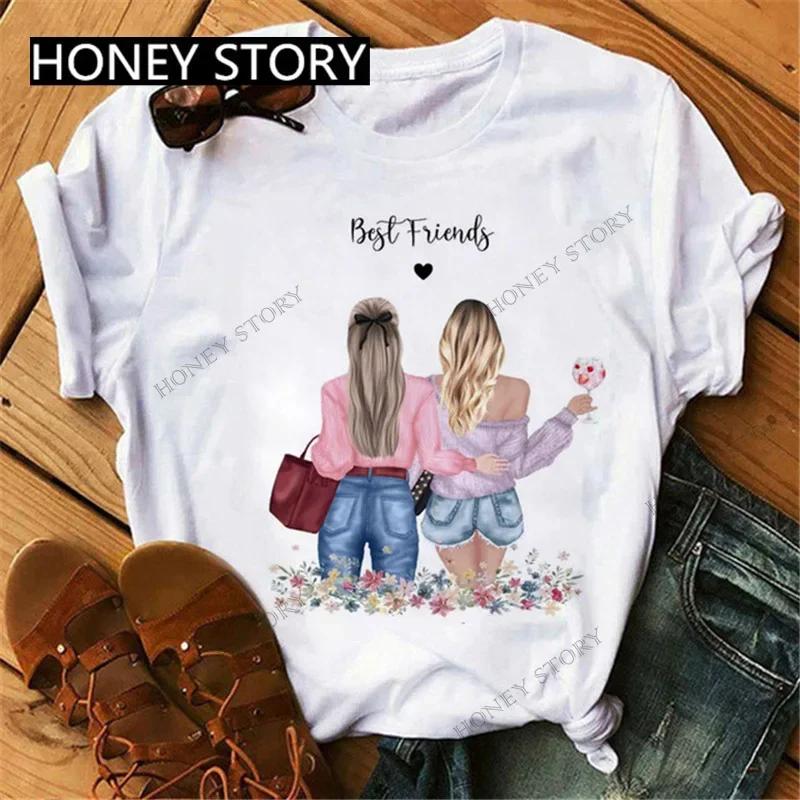 Summer Fashion Best Friends T-Shirt Short Sleeve Graphic Tees for Ladies Good Friend Bestie Sister Outfit Polyester Fabric