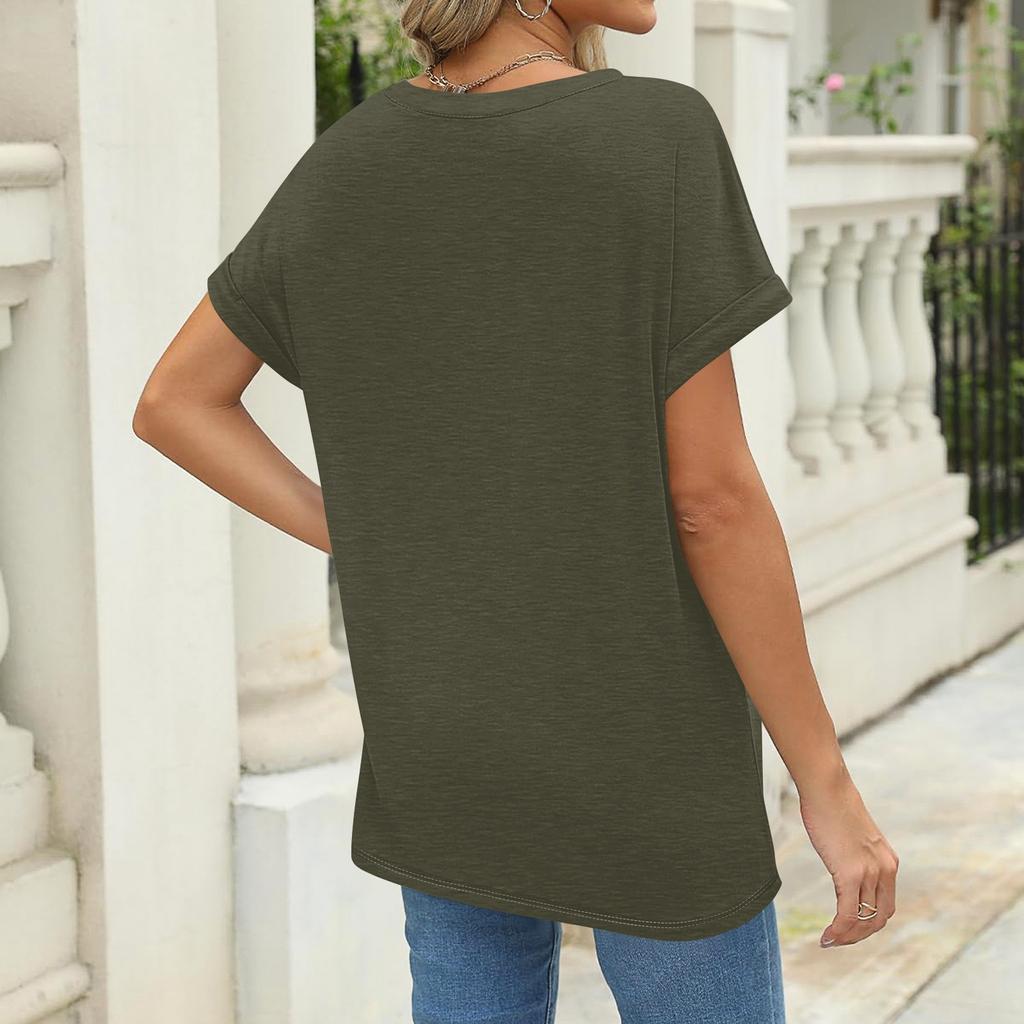 Women's Fashion Loose Casual Summer T-Shirt Pleated Short Sleeve Solid Color Top