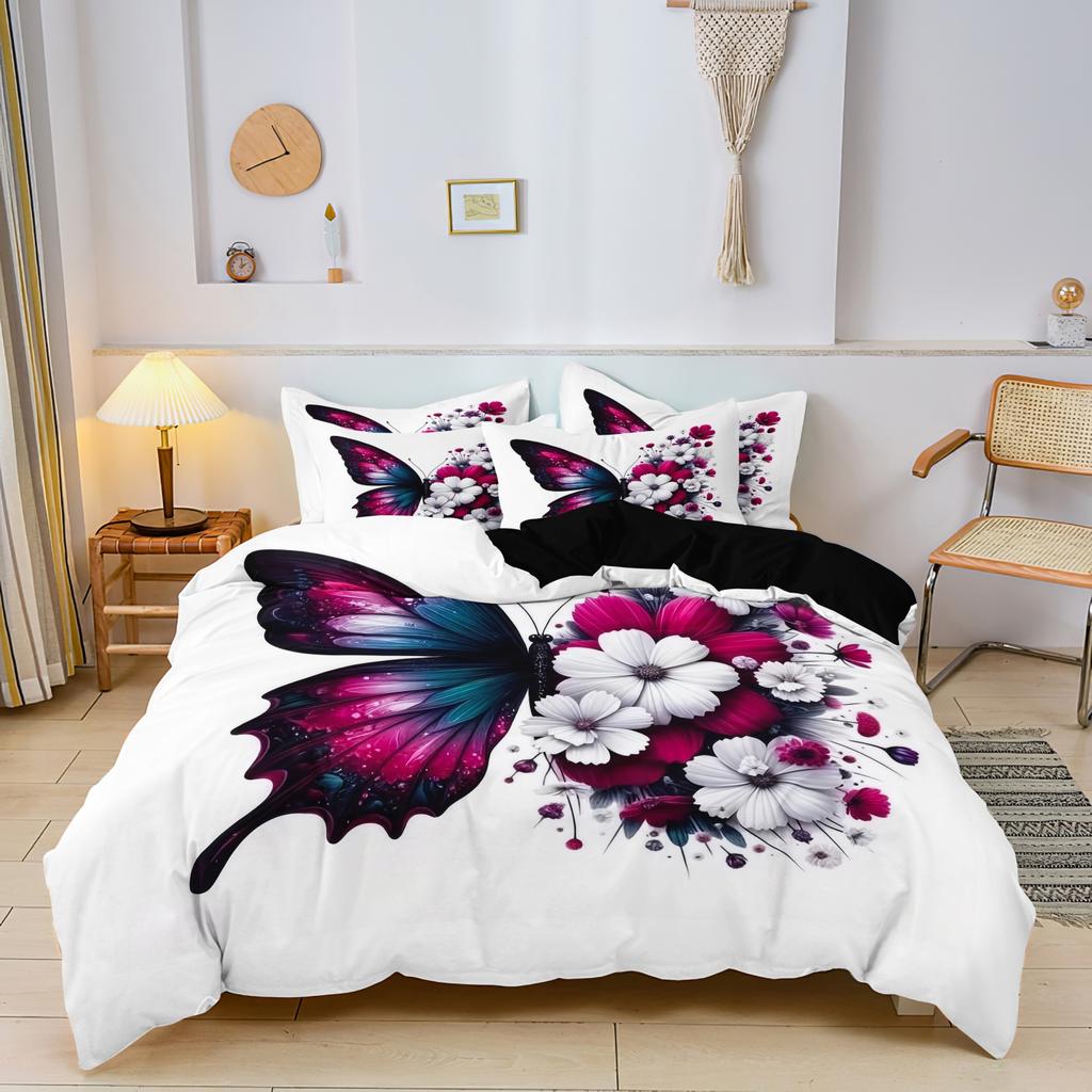 3pcs Beautiful Colorful Butterfly Digital Printing Duvet Cover Set,Bright white Gesang flower shaped flowers Bedding Set,