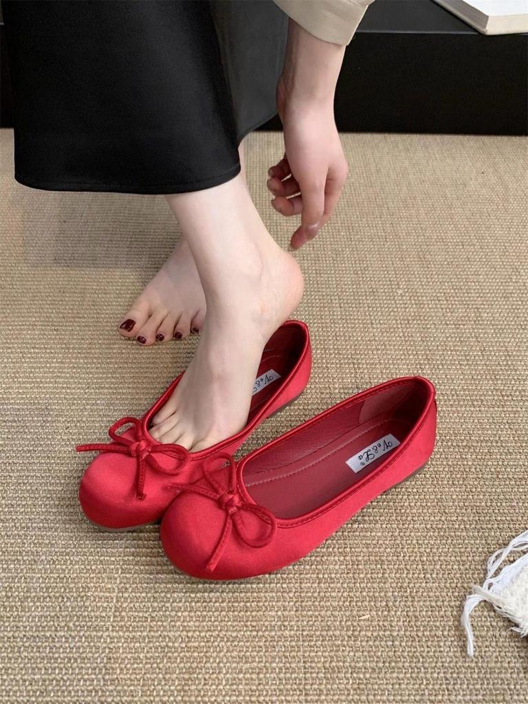 Балетки женские красные Fairy Wind, новинка 2025 года, нежные вечерние туфли-бини для бабушки с бантом