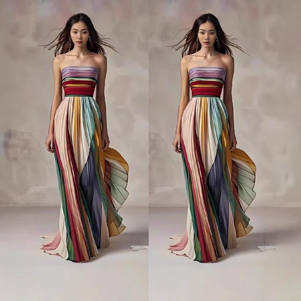 Женское strapless (без бретелей) без рукавов макси-платье облегающего кроя с высокой талией, элегантное, с радужными полосками, плиссированное, вечернее платье