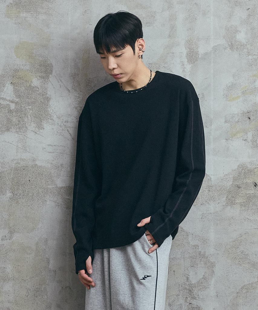 SUPERSUB Coverstitch Fingerhole Waffle Long Sleeve T-Shirt - Black