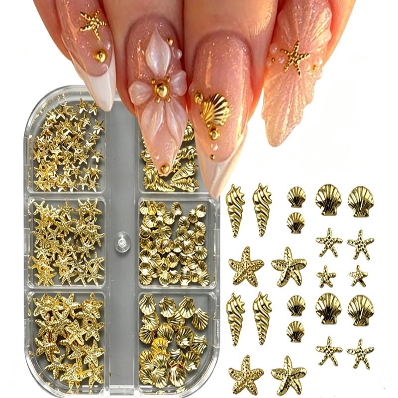 3D 6 Grids Nail Charms Gold Seashell Starfish Conch Decorations for Nail Art Craft Making